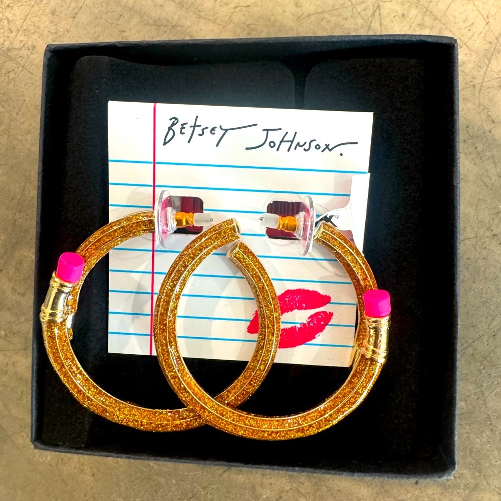 Betsey Johnson Glittering Gold “pencil” &Vibrant Pink “eraser” Hoop Earrings✏️✏️